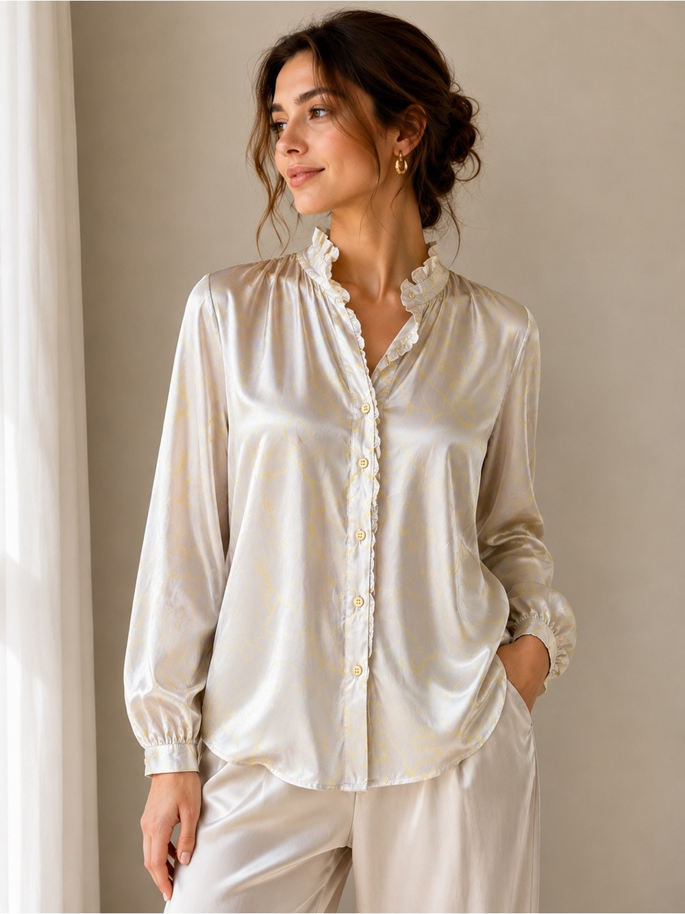 Ruffled Collar Light Yellow Print Women's Blouse